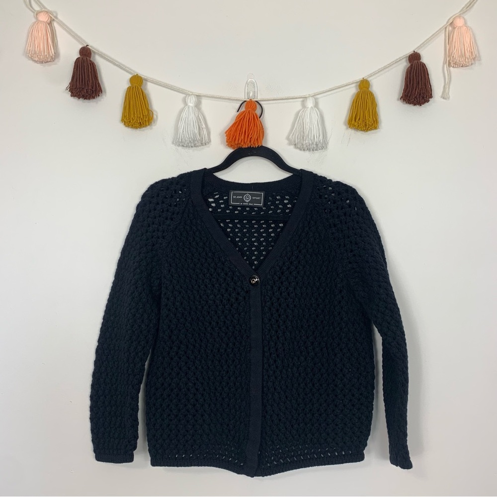 St. John Sport Crochet Open Knit Black Cardigan Sweater Medium